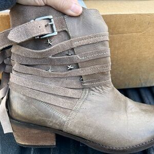 Naughty Monkey Taupe Ankle Booties with Star Stud Accents and Fringe Back
